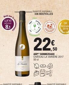 Hoté  wine advisor  par la  8.1  munauté  JOATEN  Lagar  M  QUANTITÉ DISPONIBLE 336 BOUTEILLES  F  ARAPLY  220  1,50  AOP BONNEZEAUX CHÂTEAU LA VARIERE 2017 50 cl  OR Femminalisa 2019 