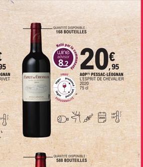 SPRIT CHEVALIE  QUANTITÉ DISPONIBLE 168 BOUTEILLES  Hoté wine advisor  8.2  FRUIT  www  par la  Jugen  pranc  Puissan  QUANTITÉ DISPONIBLE 588 BOUTEILLES  20%  ,95  AOP PESSAC-LÉOGNAN L'ESPRIT DE CHEV