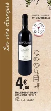 les vins étrangers  santorsola  creante  €  quantité disponible 1116 bouteilles  frut  80  italie docg chianti casa sant orsola 2021  75 cl. le l: 6,40 €  personalite  ø  2001  prope  p  