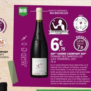 commander  bio  quantite disponible 654 bouteilles  les incroyables  6. €  ,75  aop saumur champigny bio domaine des damoiselles les tennieres* 2021  75 cl  un vin particulièrement réussi cette année,