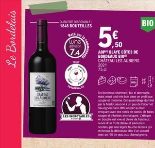 Le Bordelais  CHATEAU  LES AUBIERS  QUANTITÉ DISPONIBLE 1848 BOUTEILLES  Note par  wine  advisor  74  FRUIT  PERSONNALIT  (is)  LES INCROYABLES  €  ,50  AOP BLAYE CÔTES DE BORDEAUX BIO CHÂTEAU LES AUB