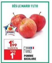 DÈS LE MARDI 11/10  POMMES DE FRANCE  199  de 2  S  1€  ORIGINE  FRANCE  POMME BICOLORE 