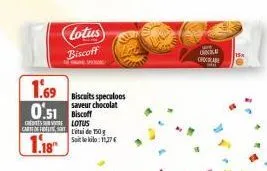 1.69  0.51 biscoff  cres lotus cartoffels lata de 150g  1.18  lotus biscoff  biscuits speculoos saveur chocolat  soit le kilo: 11,37€  ware  ona chocolage  15x 