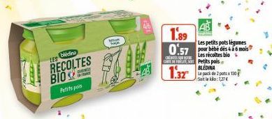 CCCP  LES  biedina  RECOLTES  BIO  Petits pois  M  眼  AB  1.89  Les petits pots légumes  0.57 6 mois  CARE DEFESO Petits pois  BIÉO INA  1.32  Les récoltes bio  Le pack de 2 pots x 130  Soit le klo:1,