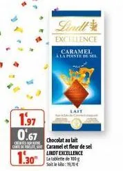 1.97 0.67  lindl  excellence  caramel a la pointe de sel  chocolat au lait  cade caramel et fleur de sel  lindt excellence  1.30"  soit le kilo: 19,70 €  lait  