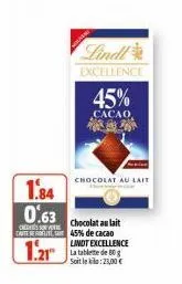 1.84 0.63  credes so carte berline  1.21  lindl  excellence  45%  cacao  chocolat au lait  chocolat au lait 45% de cacao lindt excellence la tablette de 50 g soit le kilo: 23,00 €  201 