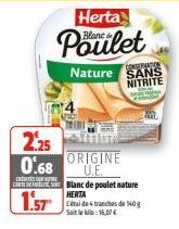 2.25 0.68  Herta  Blanc.  Poulet  Nature  ORIGINE U.E.  CONSERVATION SANS NITRITE  CARTE Blanc de poulet nature HERTA  1.57 adetranches de 140  Saite klo:16,07€ 