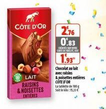 CÔTE D'OR  LAIT RAISINS & NOISETTES ENTIERES  2.76 0.83  C  CARE DETE, SO  1.93  Chocolat au lait avec raisins  & noisettes entières COTE D'OR  La tablette de 180 g Seit le kilo: 15,33 