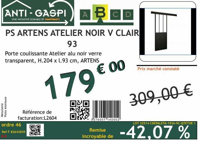 ANTI-GASPI ABCD  UNE INITIATIVE DURABLE BY ISAINTHIMATI  PS ARTENS ATELIER NOIR V CLAIR  93  Porte coulissante Atelier alu noir verre transparent, H.204 x 1.93 cm, ARTENS  179€  Menuiserie  Porte inté