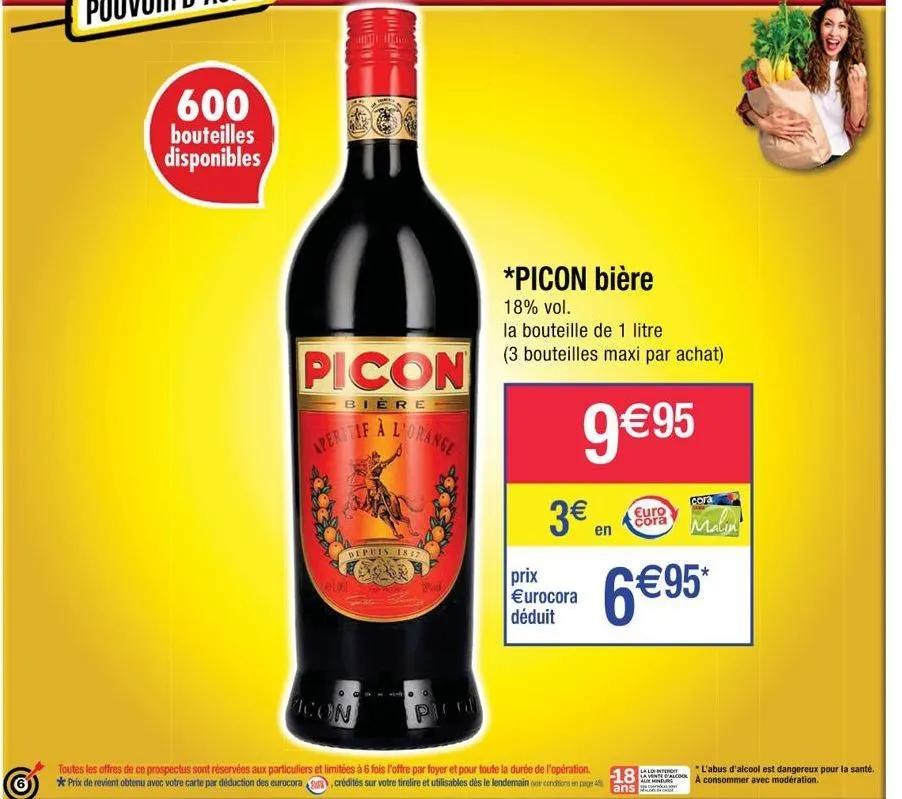 600 bouteilles disponibles  ela  wern  picon  bière  aperitif  icon  mert  if à l'orange  depuis 18172 bebe  d  *picon bière  18% vol.  la bouteille de 1 litre (3 bouteilles maxi par achat)  9€95  3€ 