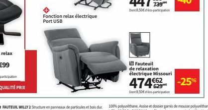 Fonction relax électrique Port USB  id Fauteuil  de relaxation électrique Missouri  474€62-25%  Dont 8,50€ dico-participation 