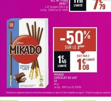 lu  my  glica  mikado  chocolat  aulait  15  l'unité  -50%  sur le 2eme  soit par 2  mikado  chocolat au lait  € l'unité 08 