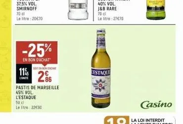 11%  lunite  -25%  en bon d'achat  seiten bondhat  286  pastis de marseille 45% vol. l'estaque  50 cl  le litre 22€90  lestaque  www 