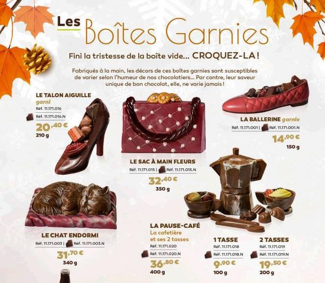 Les  LE TALON AIGUILLE  garni Ref.11.171.016 Ref. 11.171.016.N  20,40 €  210 g  Boîtes Garnies  Fini la tristesse de la boîte vide... CROQUEZ-LA!  Fabriqués à la main, les décors de ces boîtes garnies