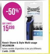 -50%  SOIT L'UNITÉ  15699  Rasoir Shave & Style Multi-usage WILKINSON  Autres variétés disponibles à des prix différents L'unité:31€99  WILKINSON SYSWORD  SHAVE STYLE  MATI-USE 