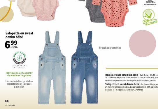 Salopette en sweat denim bébé  L'an  Content  44  Fabriquée à 33% à partir de matières recyclées  Le confort d'un pantalon molletonné et l'aspect d'un jean  PT-541/2022  Bretelles ajustables  100% COT