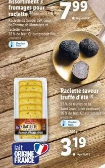 pryd frak  raclette de savoie igp, c de tomme de montagne et raclette fumée  28 % de mat. gr. sur produit fini  sc0033  lait origine france  raclette  sumon phatte dies  raclette saveur truffe d'été  