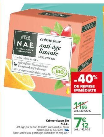 crème jour NA.E anti-âge lissante  NATURALE ANTICA ERBORISTERIA  CERTIFICE BIO  comble et lisse les rides  ledigentie in exilem  his&actique  99% d'ingrédients d'origine naturelle  Crème visage Bio N.