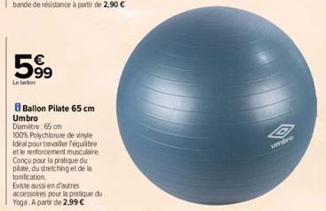 59⁹  Le beton  8 Ballon Pilate 65 cm Umbro Diamètre: 65 cm  100% Polychlorure de vinyle Idéal pour travailer l'équilibre  et le renforcement musculaire.  Conçu pour la pratique du pilate, du stretchin