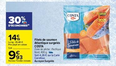 30%  D'ÉCONOMIES"  149  Le kg: 35,48 € Prix payé en caisse  Sot  993  Remise Fidelté dédute  Filets de saumon Atlantique surgelés COSTA  Zone de pêche Pacifique  Nord, 400 g  Soit 4,26 € sur la Carte 