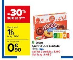 -30%  SUR LE 2 ME  Vendu seul  199  Le kg: 7,17 € Le 2 produt  0⁹0  O LOOPS  NUTRI-SCORE  Loops CARREFOUR CLASSIC 180 g Soit les 2 produits: 2,19 €-Soit le kg: 6,08 € 