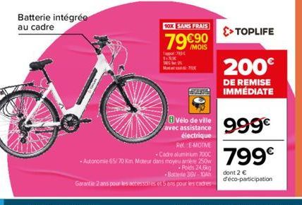 Batterie intégrée au cadre  10X SANS FRAIS  79 €90  Tappor 799 $19.9 Moto  Vélo de ville avec assistance  électrique Re E-MOTIVE  -Cadre aluminium 7000 -Autonomie 65/70 Km. Moteur dans moyeu amère 250