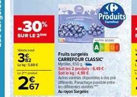 -30%  SUR LE 2ME  Vondusul  392  Lekg: 5.88 €  Le 2 produt  267  WARUNKANEN  Produits  Carrefour  NUTRI-SCORE  Fruits surgelés  CARREFOUR CLASSIC  Myrtilles, 650g  Soit les 2 produits: 6,49 € - Soit l