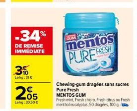 -34%  DE REMISE IMMÉDIATE  3%  Lekg:31 €  205  Lekg: 20,50 €  mentos PURE FRESH  Chewing-gum dragées sans sucres Pure Fresh MENTOS GUM  Fresh mint, Fresh chloro, Fresh citrus ou Fresh menthol eucalypt