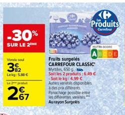 -30%  SUR LE 2  Vondu soul  3%2  Lekg: 5.88 €  Le produit  2%7  KP  -RANC  Produits  Carrefour  Fruits surgelés  CARREFOUR CLASSIC  Myrtilles, 650 g.  Soit les 2 produits: 6,49 €  - Soit le kg: 4,99 €
