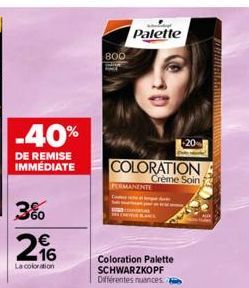-40%  DE REMISE IMMEDIATE  3% €  216  La coloration  800  Palette  COLORATION Crème Soin  PERMANENTE  -20 