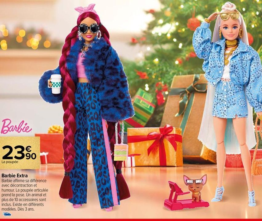 Barbie  23%  La poupée  Barbie Extra Barbie affirme sa différence avec décontraction et humour. La poupée articulée prend la pose. Un animal et plus de 10 accessoires sont inclus. Existe en différents
