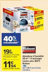 TOP PROMO  40%  D'ÉCONOMIES  19%  L'absorbourd'hui Prix peye en casse Sot  Rubson  PERO 360  1194  Be  Rom Fit Soit 7.96 € sur la Carte Carrefour.  TOP PROMO  Rubson  Absorbeur d'humidité 20 m² 4 rech