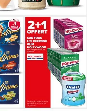 vignette  vanille  hollywood  2+1  offert  sur tous les chewing gum hollywood  selon disponibilités en magasin  panachage possible. la remise s'applique sur le moins cher des produits.  cher  thera  h