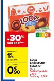 Vondu sou  19⁹9  Leig:757 €  -30%  SUR LE 2  Le 2 produ  0%  Claas  LOOPS  NUTRI-SCORE  Loops CARREFOUR  CLASSIC  180g  Soit les 2 produits: 219 €. Soit le kg: 6.08 € 