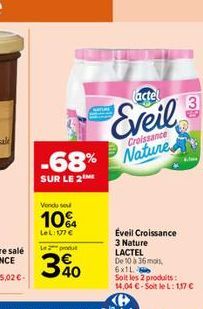 -68%  SUR LE 2ME  Vendu sou  10%  LeL: 177 €  Le produ  40  actel  Eveil  Croissance  Nature  Éveil Croissance  3 Nature LACTEL  De 10 à 36 mois,  6x11  Soit les 2 produits:  14,04 €-Soit le L: 117 € 