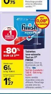 vignette  -80%  sur le 2 me  vendu sou  6  leig:8.66 €  le 2 produt  12/27  soit  0,08€  la tablette  finish  power  tablettes lave-vaisselle tout en 1⁰ finish standard citron ou bicarbonate, par 45 7