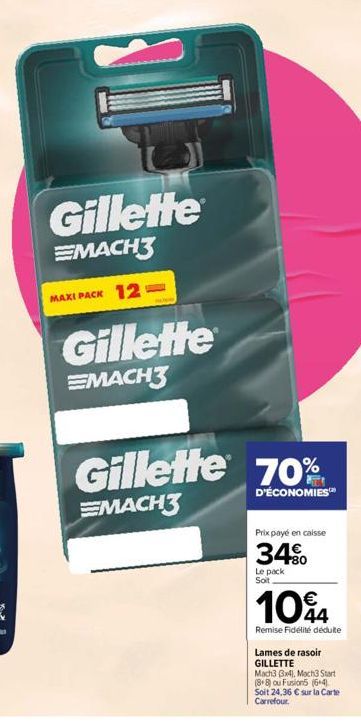 Gillette  EMACH3  MAXI PACK 12  Gillette  EMACH3  Gillette 70%  D'ÉCONOMIES™  EMACH3  Prix payé en caisse  34%  Le pack Soit.  104  Remise Fidélité dédulte  Lames de rasoir  GILLETTE  Mach3 3x4), Mach