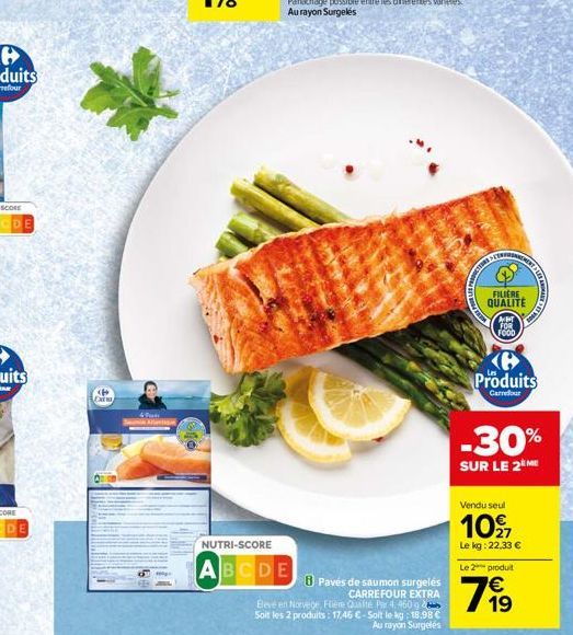 Exi  NUTRI-SCORE  ABCDE  8 Pavés de saumon surgelés  CARREFOUR EXTRA  Bleve en Norvege, Flière Qualité Par 4,450 g Soit les 2 produits: 17.46 C-Soit le kg: 18,98 € Au rayon Surgelés  B  FILIERE QUALIT