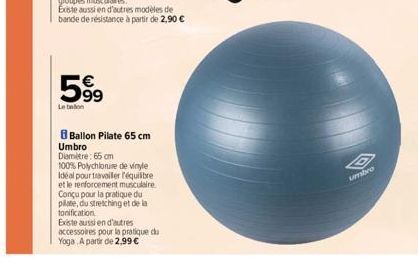 59⁹  Le beton  8 Ballon Pilate 65 cm Umbro Diamètre: 65 cm  100% Polychlorure de vinyle Idéal pour travailer l'équilibre  et le renforcement musculaire.  Conçu pour la pratique du pilate, du stretchin