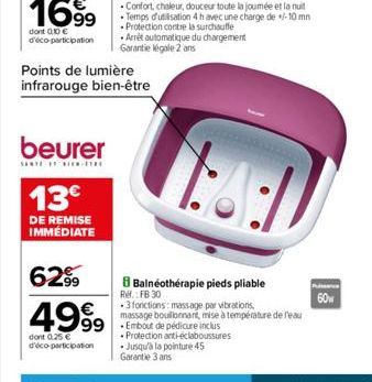 beurer  SANTE TIEN  13€  DE REMISE IMMÉDIATE  62.99  4999  dont 0.25 € d'éco-participation  Points de lumière infrarouge bien-être  Confort, chaleur, douceur toute la joumée et la nuit Temps d'utilisa