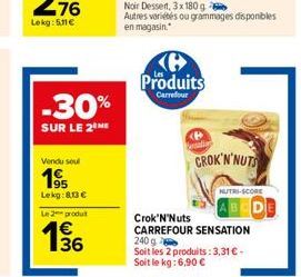 -30%  SUR LE 2 ME  Vendu seul  195  Lekg:8,13 €  Le 2 produt  136  Produits  Carrefour  radi  CROK'N'NUTS  NUTRI-SCORE  Crok'N'Nuts CARREFOUR SENSATION  240 g Soit les 2 produits: 3,31 € - Soit le kg: