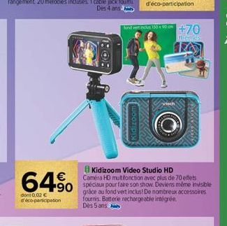 64%  dont 0,02 € déco-participation  Kidizoom Video Studio HD Caméra HD multifonction avec plus de 70 effets  90 spéciaux pour faire son show. Deviens même invisible  grâce au fond vert inclus! De nom