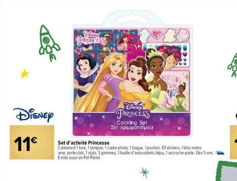 DISNEY  11€  PRINCESS  Disney PRINCESS  Coloring Sel Σετ χρωματισμού  070  Set d'activité Princesse  Contenant 1 livre, 1 tampon, 1 cadre photo, 1 bague, 1 pochoir, 43 stickers, 1 bloc-notes avec port