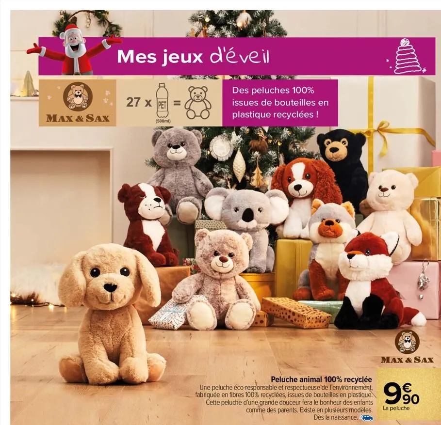 max & sax  mes jeux d'éveil  27 x pet  (500ml)  des peluches 100% issues de bouteilles en plastique recyclées !  peluche animal 100% recyclée  une peluche éco-responsable et respectueuse de l'environn