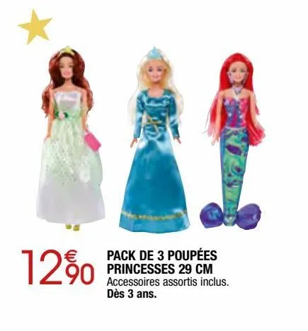 pack de 3 poupées princesses 29 cm