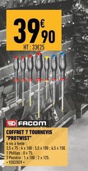 €  39%90  HT:33€25  FACOM  COFFRET 7 TOURNEVIS "PROTWIST"  4 vis à fente:  3.5 x 75:4 x 100: 5.5 x 100: 6,5 x 150.  1 Phillips:0 x 75.  2 Pozidriv: 1 x 100: 2 x 125. +92032839-