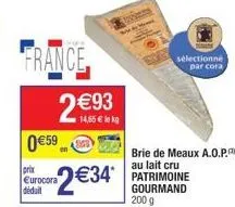 france  14,55 € le kg  2€93 0 €59  prix eurocora  2€34*  déduit  sélectionné  par cora,  brie de meaux a.o.p. au lait cru patrimoine gourmand 200 g 