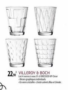 22,90 VILLEROY & BOCH  Lot 4 verres à eau 31 d DRESSED UP Clear -Décors graphiques individuels  En verre cristallin-Existe colores Bleu et Smoke 