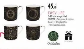 diorc  45,90  easy life coffret 4 mugs 30 cl celeste-décors sur le theme du ciel et des planetes porcelaine decoree  charleston 