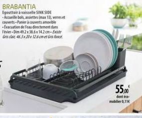 BRABANTIA  Egouttoir à vaisselle SINK SIDE -Accueille bols, assiettes (max 13), verres et couverts-Panierà couverts amovible Evacuation de l'eau directement dans l'evier-Dim 49.2 x 38.6x 14.2 cm-Exist